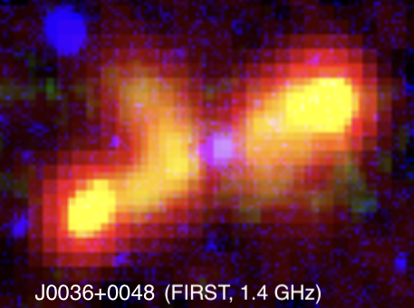 X-shaped radio galaxy shown in 1.4GHz, 3GHz, and r-band tricolor.